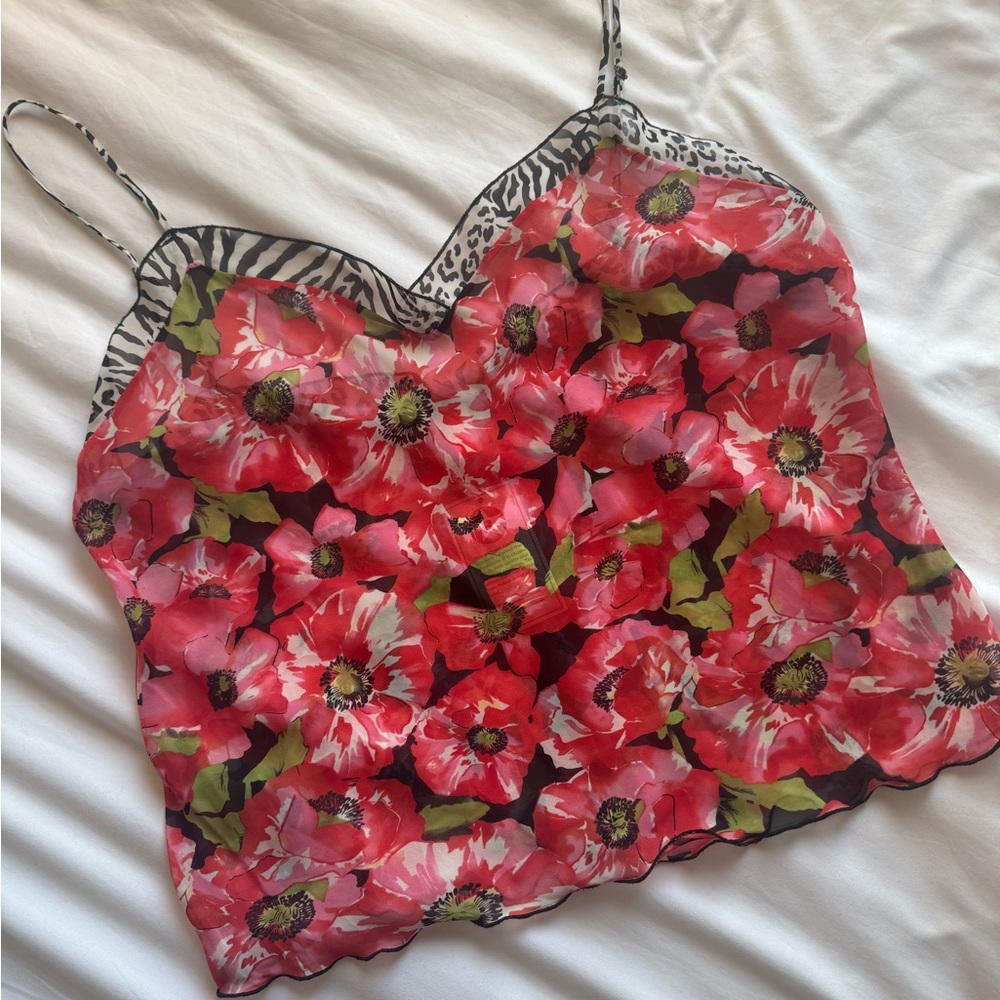 American Vintage Red Floral Camisole with Black and White Trim